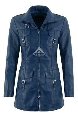 'MISTRESS' Ladies Blue Gothic Style Fitted Real Lambskin Leather Jacket Coat - Image 1 of 4
