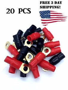 20 Pack High Quality 4 Gauge Gold Ring Terminals 5/16 w/ RED BLACK Sleeves - Picture 1 of 4