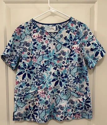 Peaches Sport Scrub Top Blue Peace Love Butterfly Theme Pattern 2 Pockets XL - Image 1 of 4