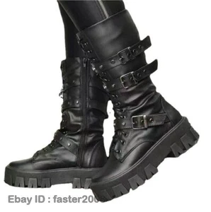 Mujeres Botas Góticas Con Cordones Cremallera Plataforma Tacón Trozo Medio Pantorrilla Botas Punk Zapatos - Imagen 1 de 40