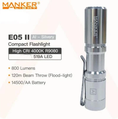 Mankerlight AA 14500 Silver EDC Flashlight 800Lumen High CRI Torch W/Battery - Image 1 of 4