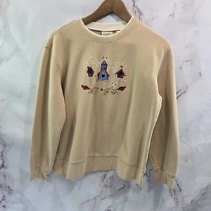Vintage Sweatshirt Womens Medium Tan Beige Bird Houses Acorn Leaf Autumn 90s - Picture 1 of 11