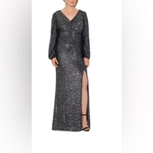 Vestido de noche vaina largo con cuello en V manga larga lentejuelas negro talla 14W Xscape - Imagen 1 de 10