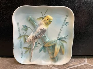 Parakeet PLAQUE Napco Japan 5" Square VINTAGE Bird Flower Bambo BLUE YELLOW - Picture 1 of 2