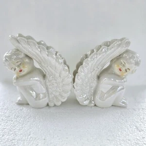 Set Of 2 Vintage Large Cherub Angel Figurines White Opalescent Ceramic - Picture 1 of 7