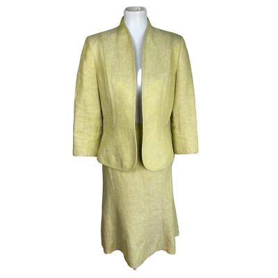 KASPER Mujeres 2 Piezas Verde Claro Lino Frente Abierto Cuello Alto Falda Traje Talla 6 Foto 1 de 4