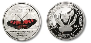 Congo 2014 Large Silver Color Proof 30 Francs -Postman Butterfly -mintage 2000 - Picture 1 of 1