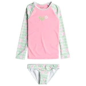 Roxy Girl's 4 Hibiline Pink Long Sleeve 2 Pc Rash Guard Tankini Swimsuit Set - Picture 1 of 2