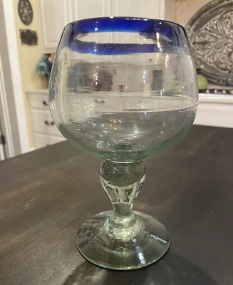 Large Mexican Hand Blown Glass 8.5" Margarita Party Goblet Cobalt Blue Rim NB5 - Image 1 of 4