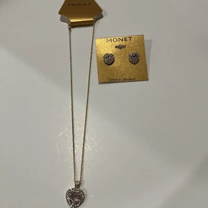 Monet Heart Necklace & Earrings Gold Social Twr Pink Clear New - Picture 1 of 4