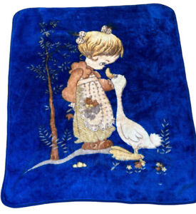 Precious Moments Girl With Goose Thick Plush Blanket Blue 49 X 42 Vtg See Pics