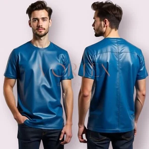 Men's Blue Leather Shirt Genuine Lambskin Leather Shirt Slim Fit Style T-Shirt - Picture 1 of 4