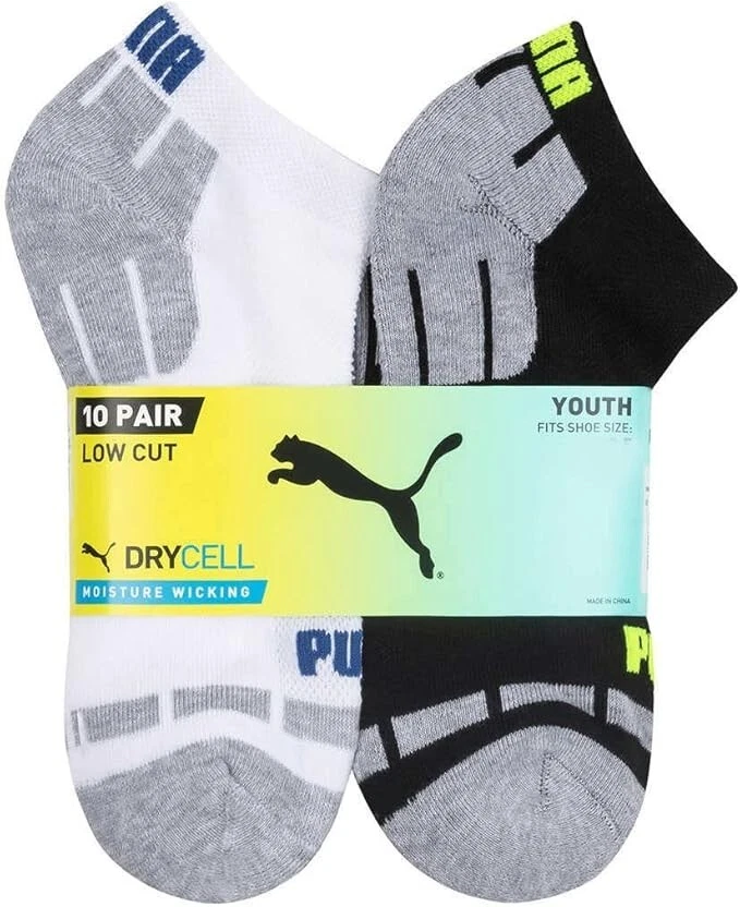 Puma Low Cut Youth Socks – 10-Pack, DryCELL Stay Cool, Fits Shoe Size 9–3.5 - Image 1 of 2