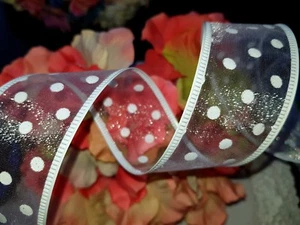 2M  WIRED WIRE EDGED WHITE SWISS DOT RIBBON - 1.5" WEDDINGS BIRTHDAYS BOWS CAKES - Picture 1 of 3