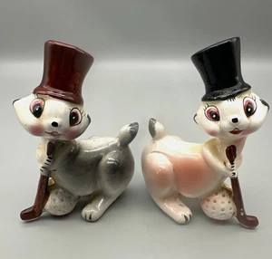 Vintage Keramik anthropomorphe Häschen Salz & Pfefferstreuer mit Deckel Hüte Golfen - Bild 1 von 10