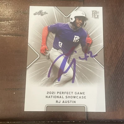 RJ AUSTIN 2021 LEAF PERFECT GAME NATIONAL SHOWCASE RC #D1-30 AUTO SIGNED IP - Image 1 of 4