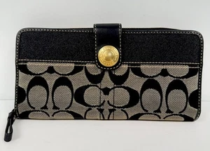 Portafoglio jacquard vintage Coach firmato righe zip rotonda nero beige - Foto 1 di 8