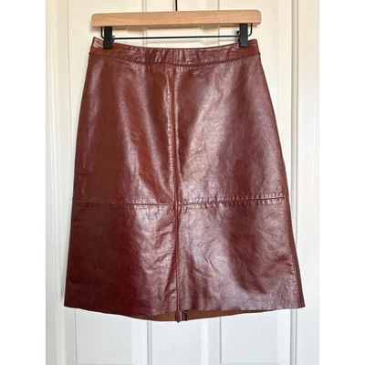 Gap Vintage Y2K Womens Brown Leather A-Line Skirt Raw Hem Stitch Accents Size 2  - Image 1 of 4