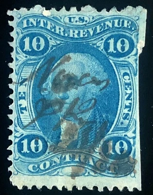 1862 US Revenue R34c Blue 10c Contract Tax Stamp Pen Cancel Cut Edge Used - Image 1 of 3