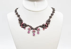 16" Antiqued Bronze-T Pink Crystal Flowers & Leaf Clusters Chain Choker Necklace - Picture 1 of 3