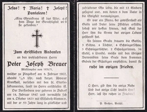 Totenzettel - Kämpfer im Krieg 1870/71 - Pingsdorf 1927 - Bild 1 von 2