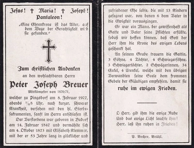 Totenzettel - Kämpfer im Krieg 1870/71 - Pingsdorf 1927 - Bild 1 von 2