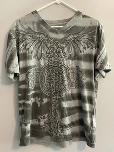 Helix Mens All Over Graphic Y2K Shirt Size L Gray Alternative Punk Cross Grunge - Picture 1 of 6