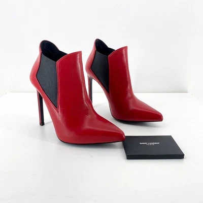 YSL Yves Saint Laurent Women 34.5 4.5 Zoe Boots Red Heels Chelsea Leather NEW - Image 1 of 4