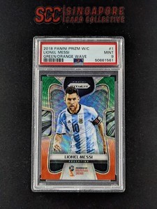 2018 Panini Prizm World Cup LIONEL MESSI Green/Orange Wave Argentina PSA 9 MINT