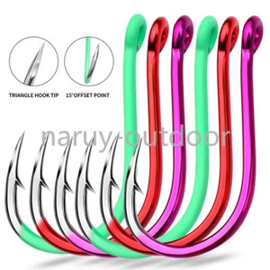 50PCS Circle Fishing Hooks Sharp Triangular Hook Tip Offset Barbed Sea Fishhook - Picture 1 of 17