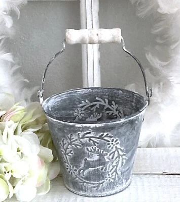 Shabby  Übertopf Blumentopf Eimer mit Henkel, Hirsch, Zink Grau, - Bild 1 von 2