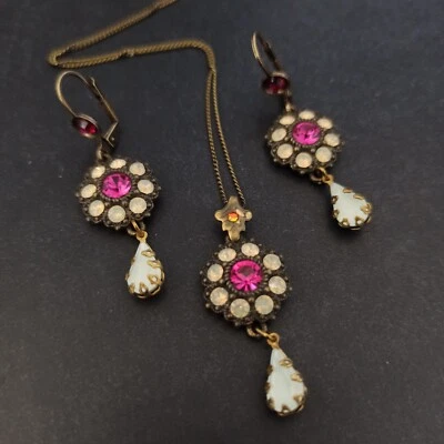 Michal Negrin Set Pink Creamy White With Swarovski Crystals Earrings Necklace - Image 1 of 4