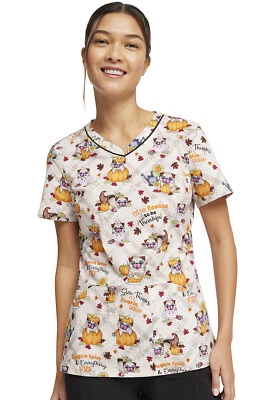 Pugkin Spice Season Cherokee Scrubs Thanksgiving Pug Dog V Neck Top CK646 PGSS - Image 1 of 4