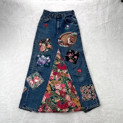 Falda De Colección Patchwork Para Mujer Mediana Lee Denim Boho Reciclada Años 90 Floral Psicodélica Foto 1 de 4