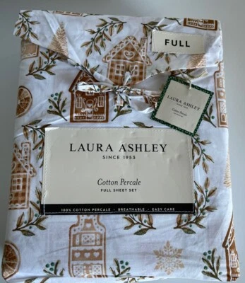 Laura Ashley Full Sheet Set Gingerbread House Gold 4pc Green NEW Christmas - Image 1 of 4