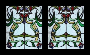 Stunning Antique English Art Nouveau Floral Pair Stained Glass Windows - Picture 1 of 1
