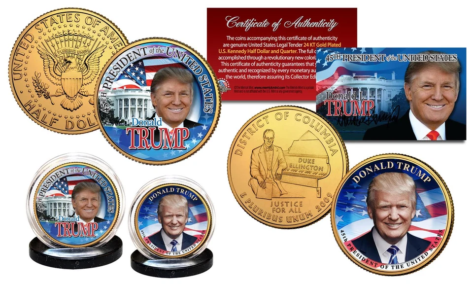 DONALD TRUMP 45th Pres. DC Quarter & JFK Half Dollar 24K Gold Plated 2-Coin Set - Image 1 of 1