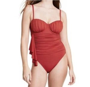 Women's Embossed Dot Ruffle Medium Coverage One Piece Swimsuit - RHODE Red L - Picture 1 of 2