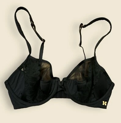 Savage X Fenty Lined Lace Balconette Bra Black Caviar 30D-32DD Mesh - Image 1 of 4