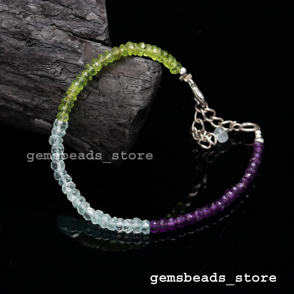 925 Sterlingsilber echter Peridot + Aquamarin + Amethyst 3-4 mm Armbänder 7 Zoll - Bild 1 von 4