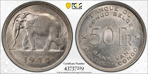 1944 Belgian Congo Elephant 50 Francs Silver Coin PCGS AU58 Cover