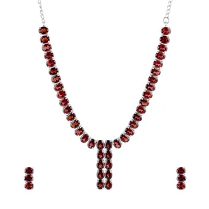 925 Sterling Silver Natural Oval Cut Red Garnet Gemstone Earrings Necklace Set - Picture 1 of 2