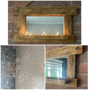 RUSTIC Farmhouse Mirror, UPCYCLED mirror, HANDMADE, pallet wood, candle shelf - Picture 1 of 10