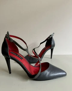 Charles Jourdan Paris dark gray leather t strap stiletto heels women’s Sz 7 - Picture 1 of 8