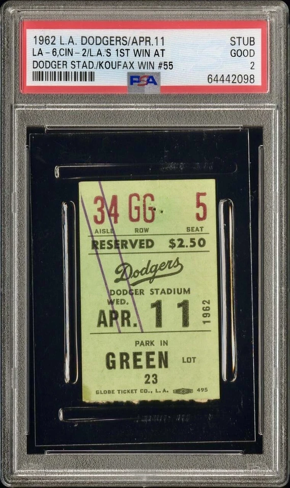 SANDY KOUFAX & LA’s 1ST WIN @ DODGERS STADIUM/CHAVEZ RAVINE TICKET 4/11/1962 PSA - Image 1 of 4