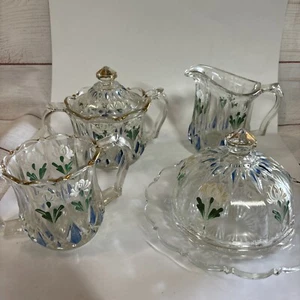 US Glass Co Dunmoyle Pattern Clear Glass Handpainted Floral Spooner 1900’s - Picture 1 of 16