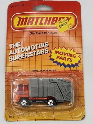 Camión de basura Matchbox MB 36 naranja/gris eliminación 1987 plástico 1:64 en tarjeta Foto 1 de 4