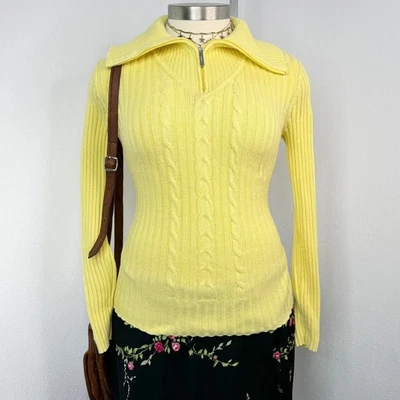 VINT Y2K Cotton Yellow Ribbed Zip Fitted Sweater Preppy Bright Cable Knit Large - Image 1 of 4