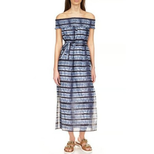 Abito Michael Kors piccolo spalle scoperte blu cravatta tinta righe maxi spacco midi