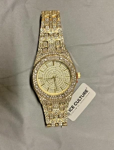 Techno Pavé Iced-CZ 8651NS Men's Gold-Plated Metal Quartz Analog Wristwatch NEW - Picture 1 of 5